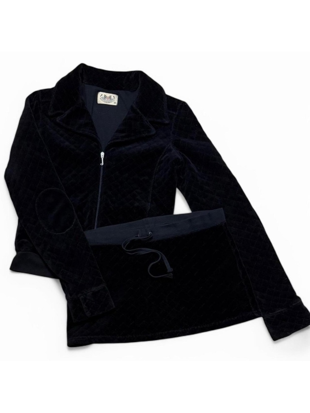 Y2K AUTHENTIC JUICY COUTURE BLACK VELOUR QUILTED JACKET AND SKIRT SET